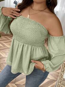 Celure 大碼圓點一字肩燈籠袖荷葉邊下擺襯衫 - 綠色 - 查看 4