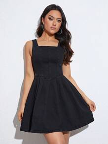 SHEIN Privé 方領後拉鏈牛仔裙 - 黑色 - 查看 5