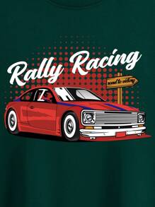 男士汽車和字母圖案T恤 - 墨綠色 - 查看 3