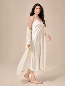 SHEIN Unity Solid Cami Nightdress & Robe - Beige - View 3