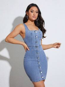 SHEIN Privé Button Through Bodycon Denim Dress - Medium Wash - View 6