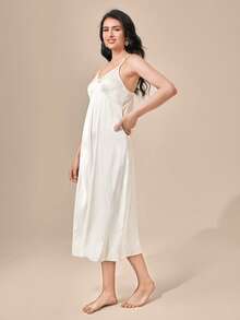 SHEIN Unity Solid Cami Nightdress & Robe - Beige - View 4