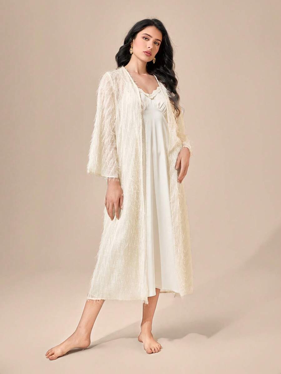 SHEIN Unity Solid Cami Nightdress & Robe - Beige - View 1