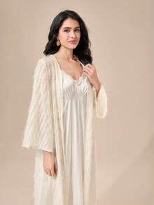 SHEIN Unity Solid Cami Nightdress & Robe - Beige - View 5