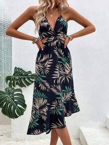 SHEIN VCAY Đầm Lộ Lưng Viên lá sen Buộc lại Nhiệt đới Boho - Màu xanh hải quân - Xem 2