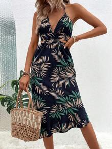 SHEIN VCAY Đầm Lộ Lưng Viên lá sen Buộc lại Nhiệt đới Boho - Màu xanh hải quân - Xem 4