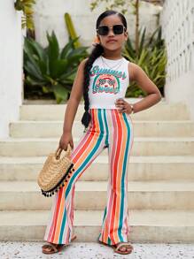 SHEIN Leap Crew SLAYR KIDS SLAYR KIDS Tween Girl Letter Graphic Tank Top & Striped Flare Leg Pants - Multicolor - View 1