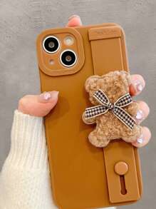 Solid Phone Case With Bear Decor Wrist Strap - White - View 1