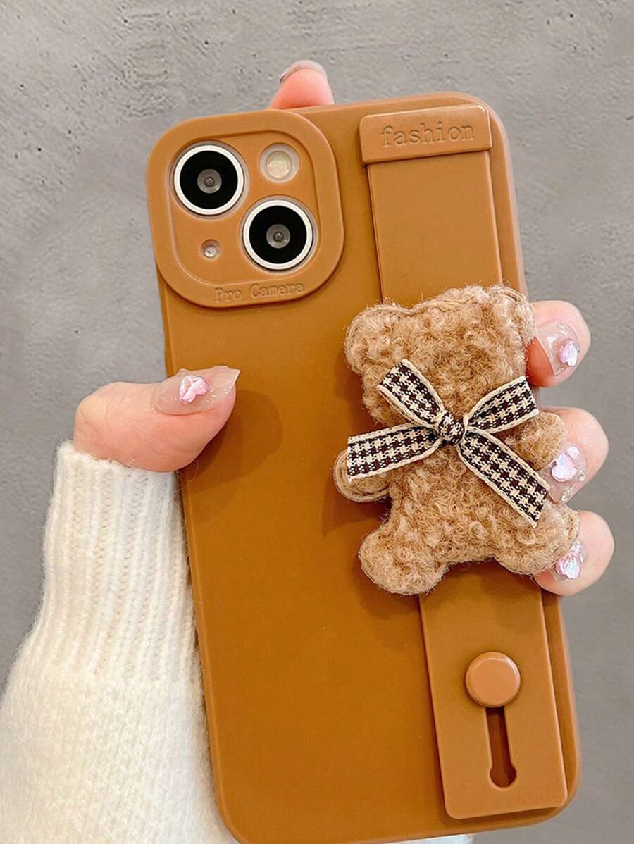 Solid Phone Case With Bear Decor Wrist Strap - White - View 1