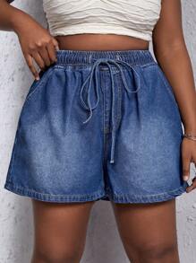 SHEIN SXY Plus Drawstring Waist Denim Shorts - Dark Wash - View 1