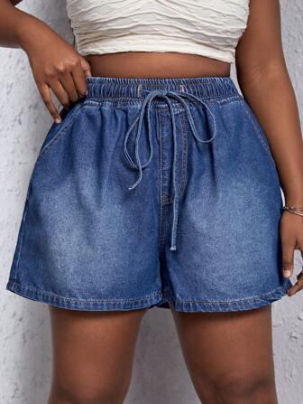 SHEIN SXY Eenkleurig Grote maat: jeansshort Koord Zak