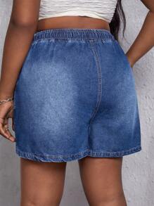SHEIN SXY Plus Drawstring Waist Denim Shorts - Dark Wash - View 2