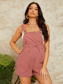 SHEIN 孕婦腰部抽繩背帶連體短褲 - 藕粉色 - 查看 1