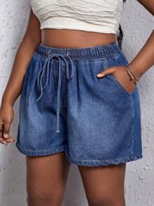 SHEIN SXY Plus Drawstring Waist Denim Shorts - Dark Wash - View 4