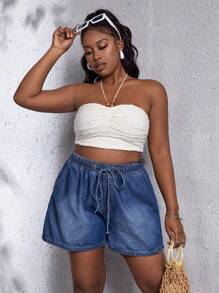 SHEIN SXY Plus Drawstring Waist Denim Shorts - Dark Wash - View 5