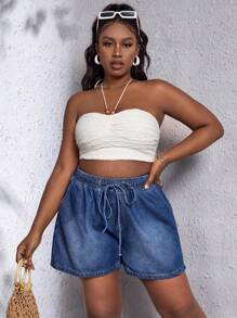 SHEIN SXY Plus Drawstring Waist Denim Shorts - Dark Wash - View 6