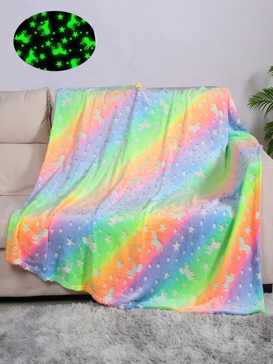 1入組獨角獸和星星圖案夜光毛毯絨布柔軟保暖毛毯適用於客廳和臥室家居裝飾 - 彩色 - 查看 1