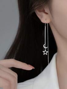 1pair S925 Silver Star Moon Tassel Long Ear Thread Earrings, Unique Design, Suitable For Dating, Party, Travel, Daily Wear And Gift Giving - Silver - View 2