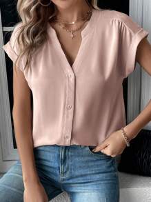 SHEIN LUNE Áo sơ mi nữ Nút phía trước màu trơn Giải trí - Bụi hồng - Xem 1