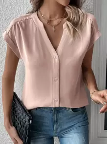 SHEIN LUNE Áo sơ mi nữ Nút phía trước màu trơn Giải trí - Bụi hồng - Xem 5