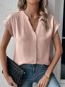 SHEIN LUNE Áo sơ mi nữ Nút phía trước màu trơn Giải trí - Bụi hồng - Xem 7