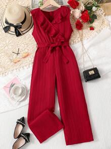 Tween Girl Ruffle Trim Belted Jumpsuit - Burgundy - View 1