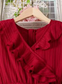 Tween Girl Ruffle Trim Belted Jumpsuit - Burgundy - View 3