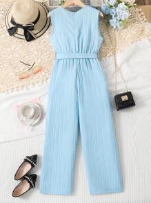 SHEIN Girls Ruffle Trim Belted Jumpsuit - Mint Blue - View 2