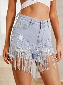 Rhinestone Pearls Đính cườm Raw Fringe Hem Quần short denim - Rửa nhẹ - Xem 3