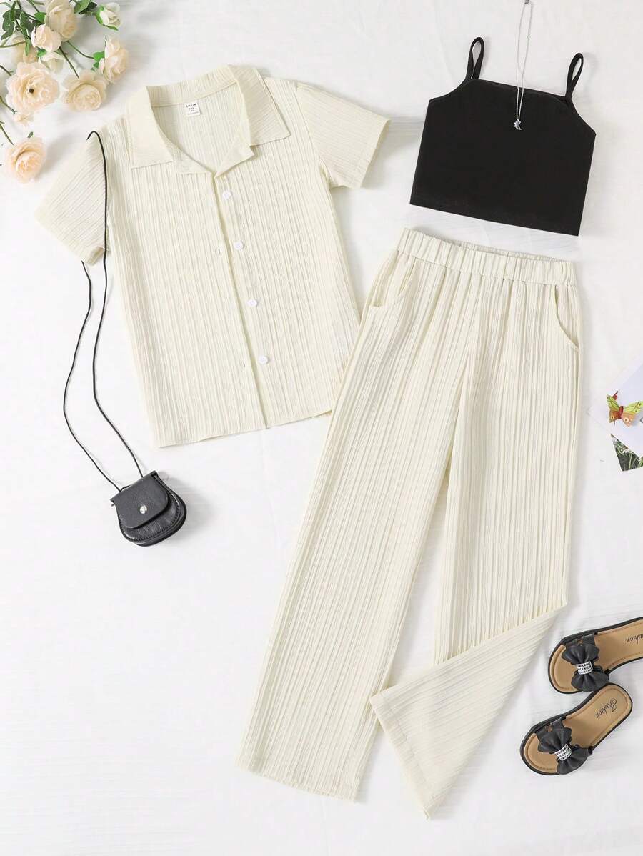 SHEIN Girls Solid Cami Top & Pants & Button Front Shirt - Multicolor - View 1