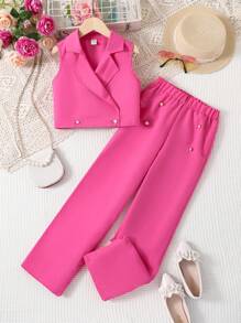 Girls Double Button Vest Jacket & Wide Leg Pants - Hot Pink - View 1