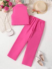 Girls Double Button Vest Jacket & Wide Leg Pants - Hot Pink - View 2
