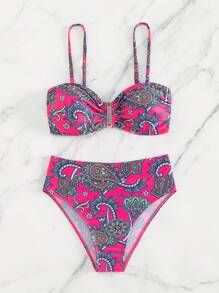 SHEIN Swim Summer Beach Paisley Print High Waisted Bikini Set - Multicolor - View 3
