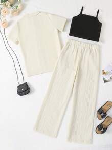 SHEIN Girls Solid Cami Top & Pants & Button Front Shirt - Multicolor - View 2