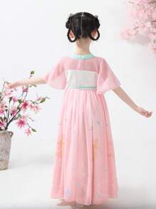 Girls' Colorful Butterfly Printed Hanfu Style Dress With Wide Sleeves, Suitable For Daily Wear, , Gathering In Summer - Coral Pink - View 2