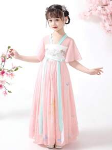 Girls' Colorful Butterfly Printed Hanfu Style Dress With Wide Sleeves, Suitable For Daily Wear, , Gathering In Summer - Coral Pink - View 3