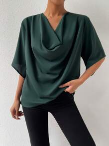 SHEIN Clasi Solid Draped Collar Blouse - Dark Green - View 5
