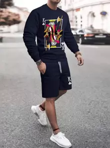 Manfinity LEGND Men Playing Card Print Sweatshirt & Drawstring Waist Shorts - Navy Blue - View 1