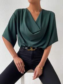 SHEIN Clasi Solid Draped Collar Blouse - Dark Green - View 6