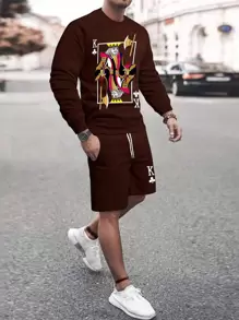 Manfinity LEGND Men Letter Graphic Sweatshirt & Drawstring Waist Shorts - Coffee Brown - View 1
