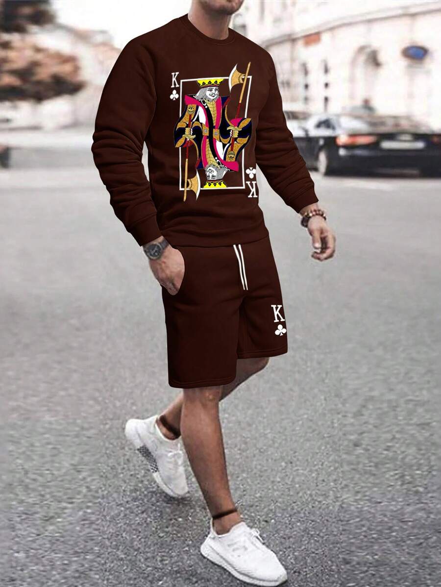 Manfinity LEGND Men Letter Graphic Sweatshirt & Drawstring Waist Shorts - Coffee Brown - View 1