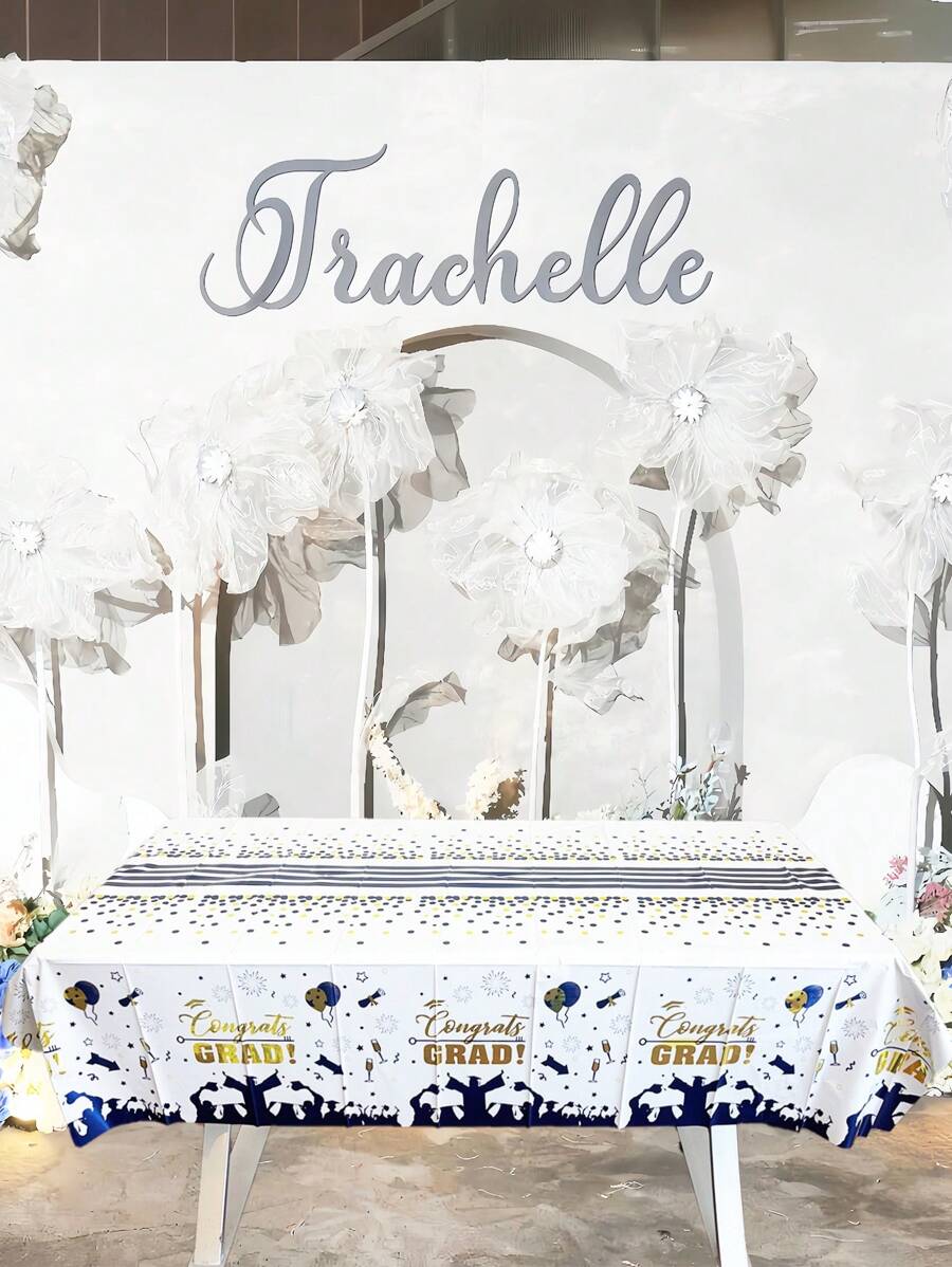 1pc PET Disposable Tablecloth, Modern Figure & Slogan Graphic Disposable Table Cover For Graduation Party - Multicolor - View 1