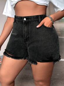 SHEIN SXY 大碼高腰毛邊牛仔短褲 - 深灰色 - 查看 1
