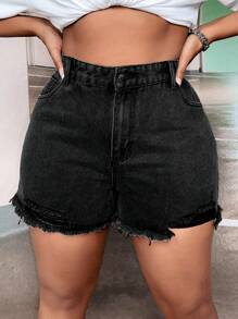 SHEIN SXY 大碼高腰毛邊牛仔短褲 - 深灰色 - 查看 3