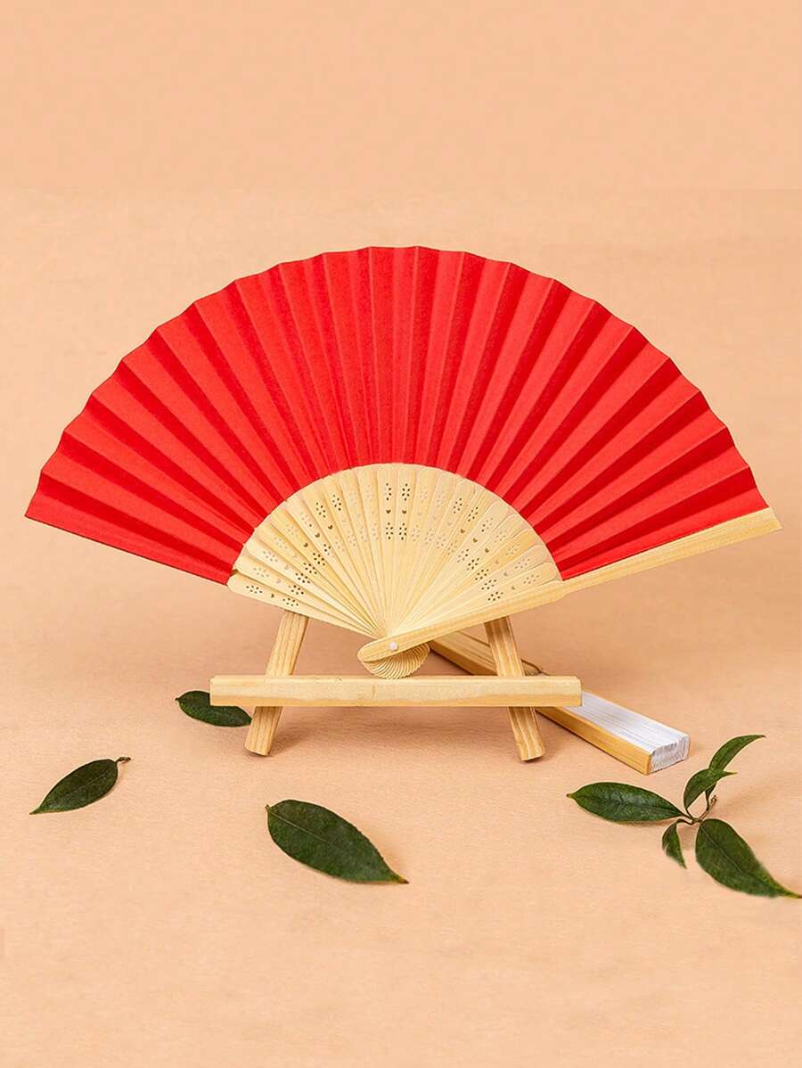 1 Quạt Tre Có Thể Gập Lại, Quạt Bằng Tay Màu Trơn Hiện Đại Cho Gia Đình - Đỏ - Xem 1