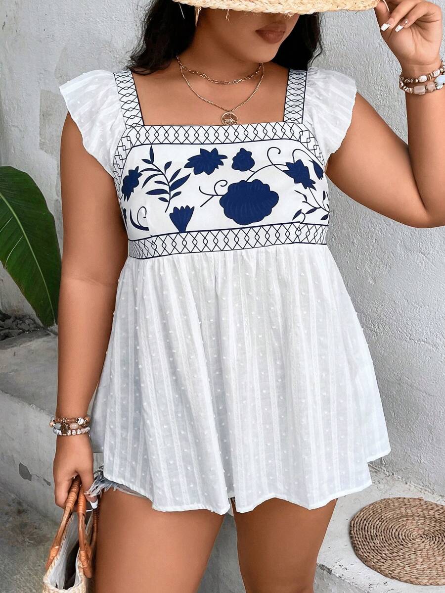 Breezaya Áo sơ mi Plus Size Thêu Xù Hoa Boho - Xanh và trắng - Xem 1