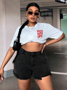 SHEIN SXY 大碼高腰毛邊牛仔短褲 - 深灰色 - 查看 4