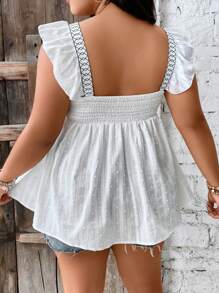Breezaya Áo sơ mi Plus Size Thêu Xù Hoa Boho - Xanh và trắng - Xem 2