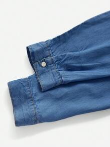 SHEIN VCAY Women's Spring And Summer Casual Denim Effect Long Sleeve Shirt - Dark Wash - View 8