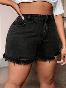 SHEIN SXY 大碼高腰毛邊牛仔短褲 - 深灰色 - 查看 5